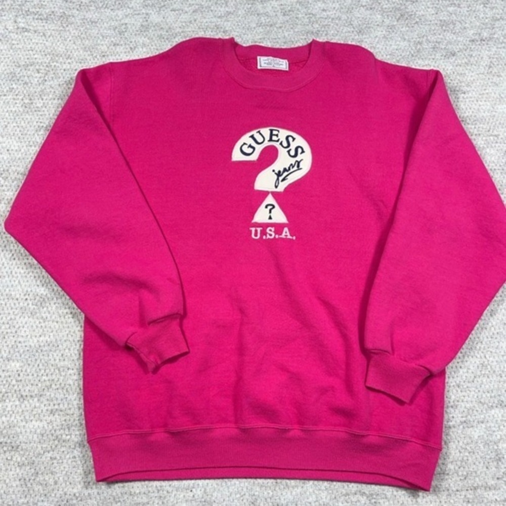 Vintage GUESS Sweatshirt Adult XL Pink Crewneck Made In USA 80s 90s Embroidered
